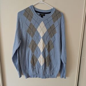 Club Room Mens Large 100% Cotton Blue Argyle Sweater Preppy Academia Shabbychic